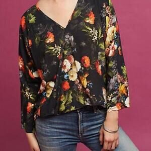 The Odells Anthropologie Women's Floral Faux Wrap Blouse Top Black Size S
